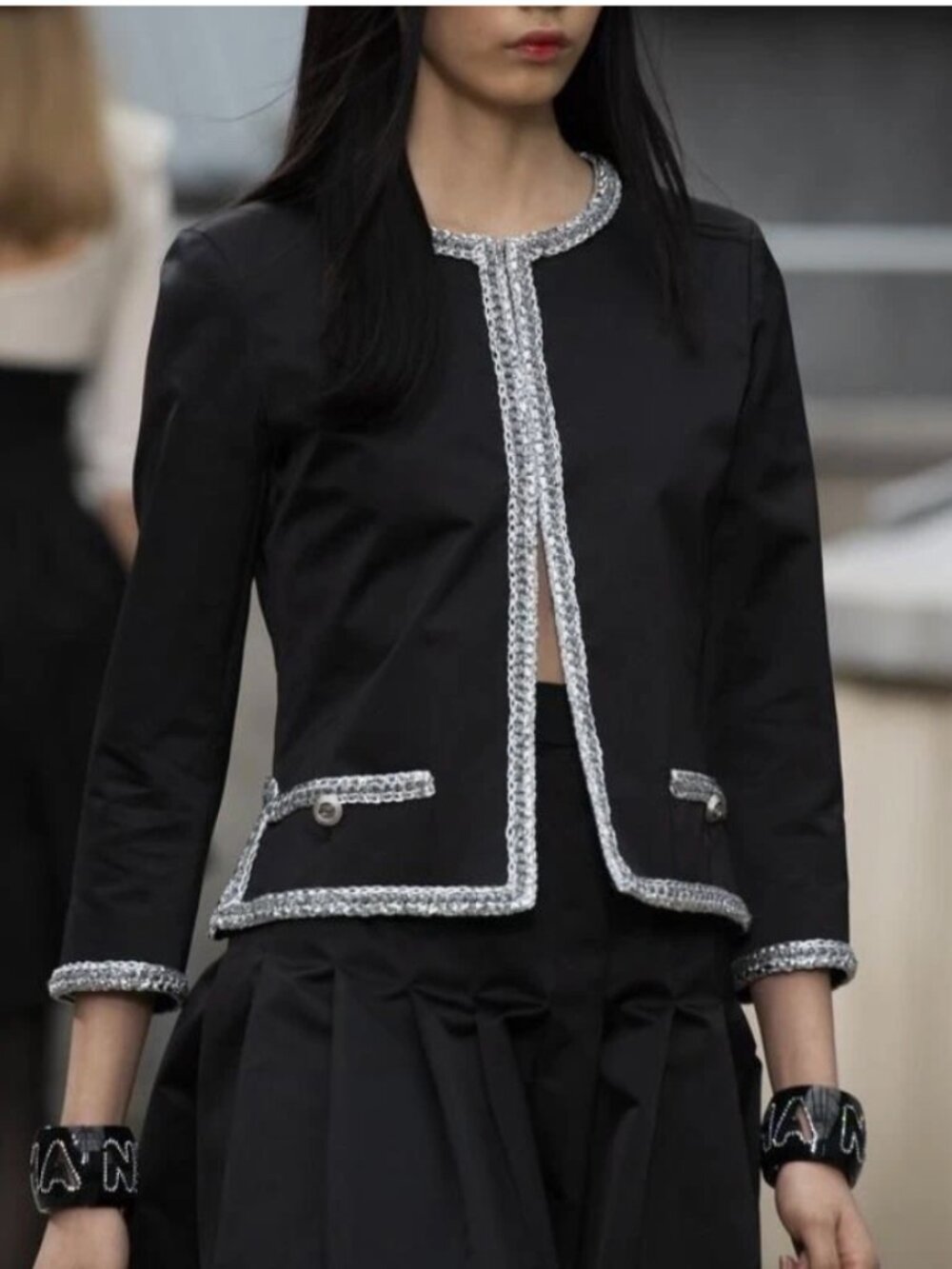NWT CHANEL 20S Black Silk Runway Jacket Silver Braid Trim CC Buttons FR42